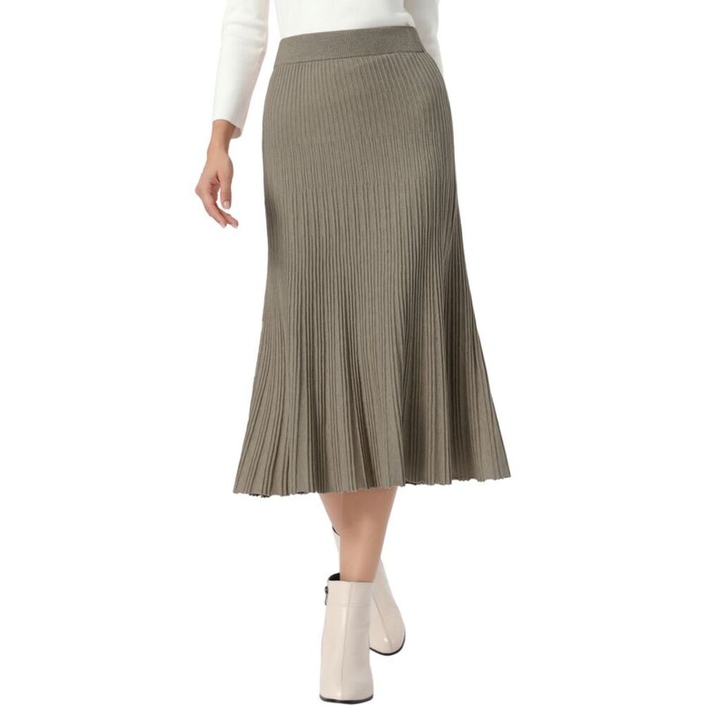 Women's Elastic Waist Casual Pleated Skirt Knit Maxi Skirt Light Coffee